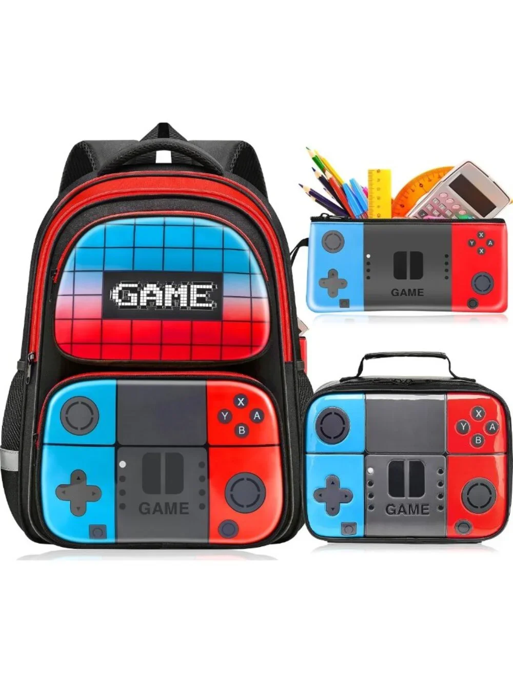3-in-1 Boys Gaming Backpack Set with Lunch Bag & Pencil Case, Fits 15.6